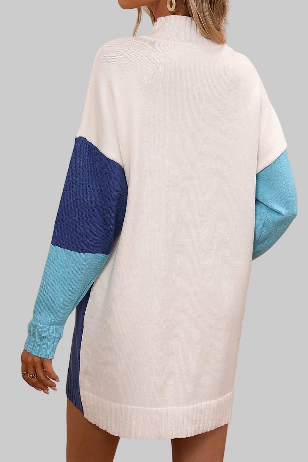 Sweater Dress Color Block Mock Neck - Casual Long Sleeve Mini Style - Jsandiclothing.com