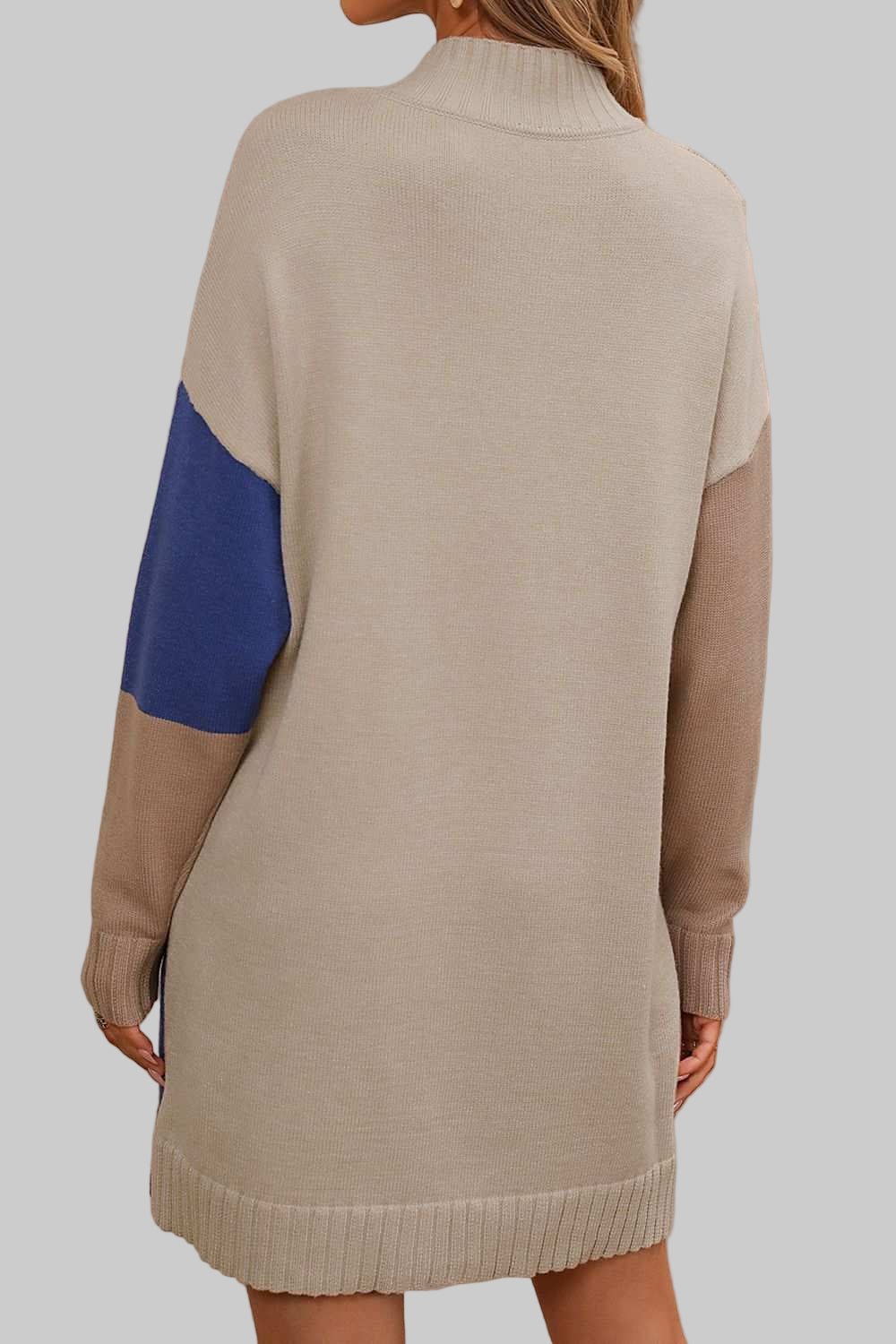 Sweater Dress Color Block Mock Neck - Casual Long Sleeve Mini Style - Jsandiclothing.com