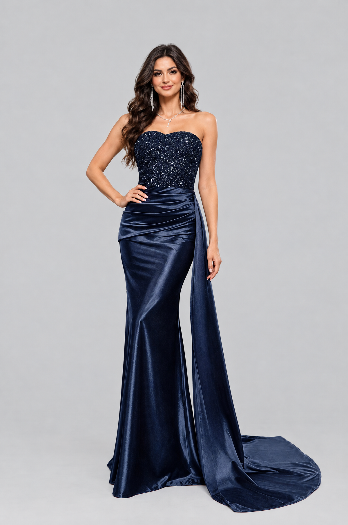 Model wearing the navy Sweetheart Neck Tube Evening Dress, full length | JSandiclothing