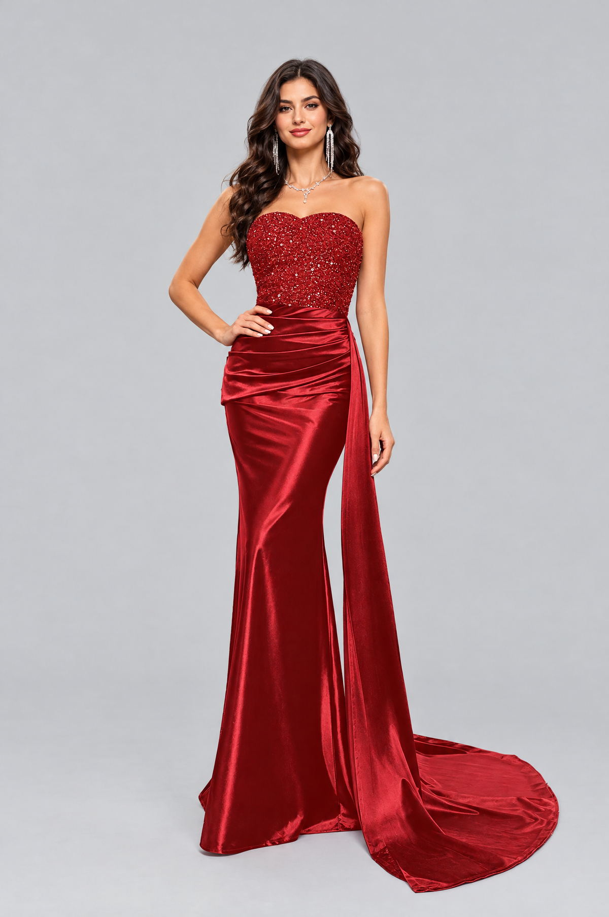 Model wearing the red Sweetheart Neck Tube Evening Dress, full length | JSandiclothing