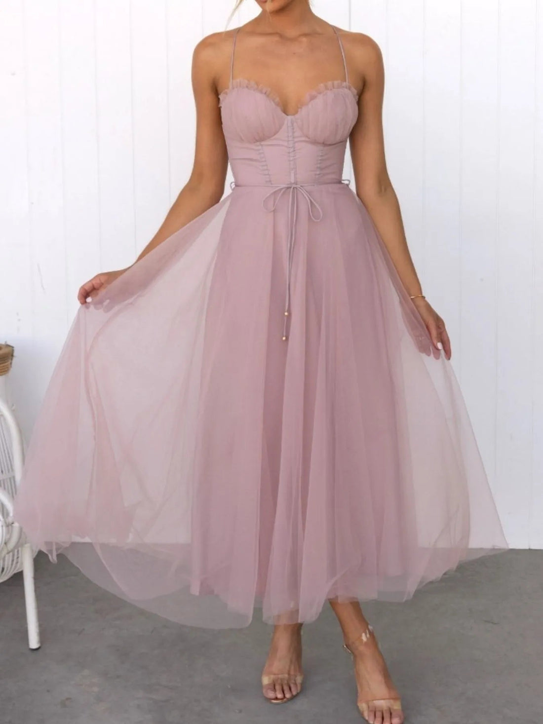 Sweetheart Neck Tulle Midi Dress - Romantic Evening Style - Jsandiclothing.com