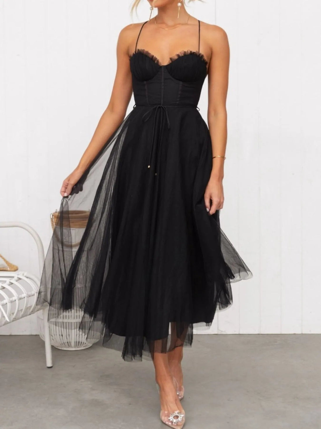 Sweetheart Neck Tulle Midi Dress - Romantic Evening Style - Jsandiclothing.com