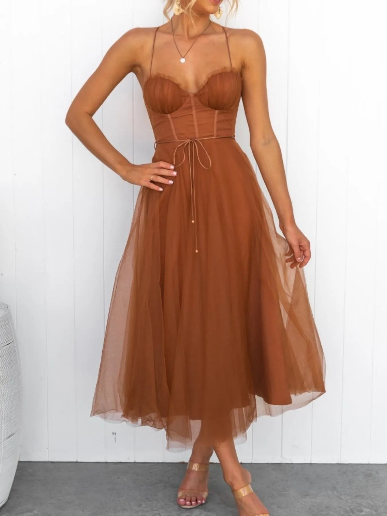 Sweetheart Neck Tulle Midi Dress - Romantic Evening Style - Jsandiclothing.com
