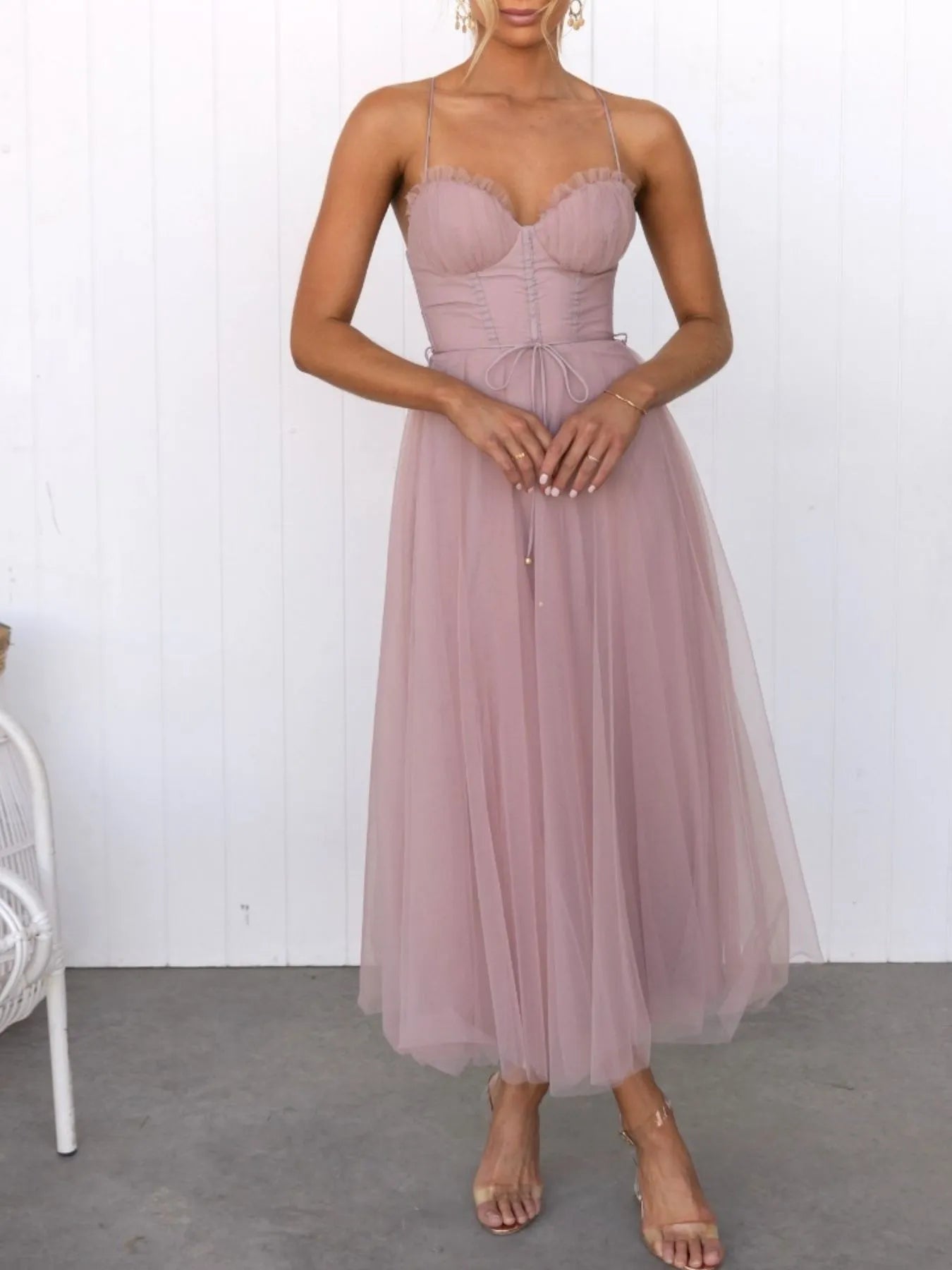 Sweetheart Neck Tulle Midi Dress - Romantic Evening Style - Jsandiclothing.com