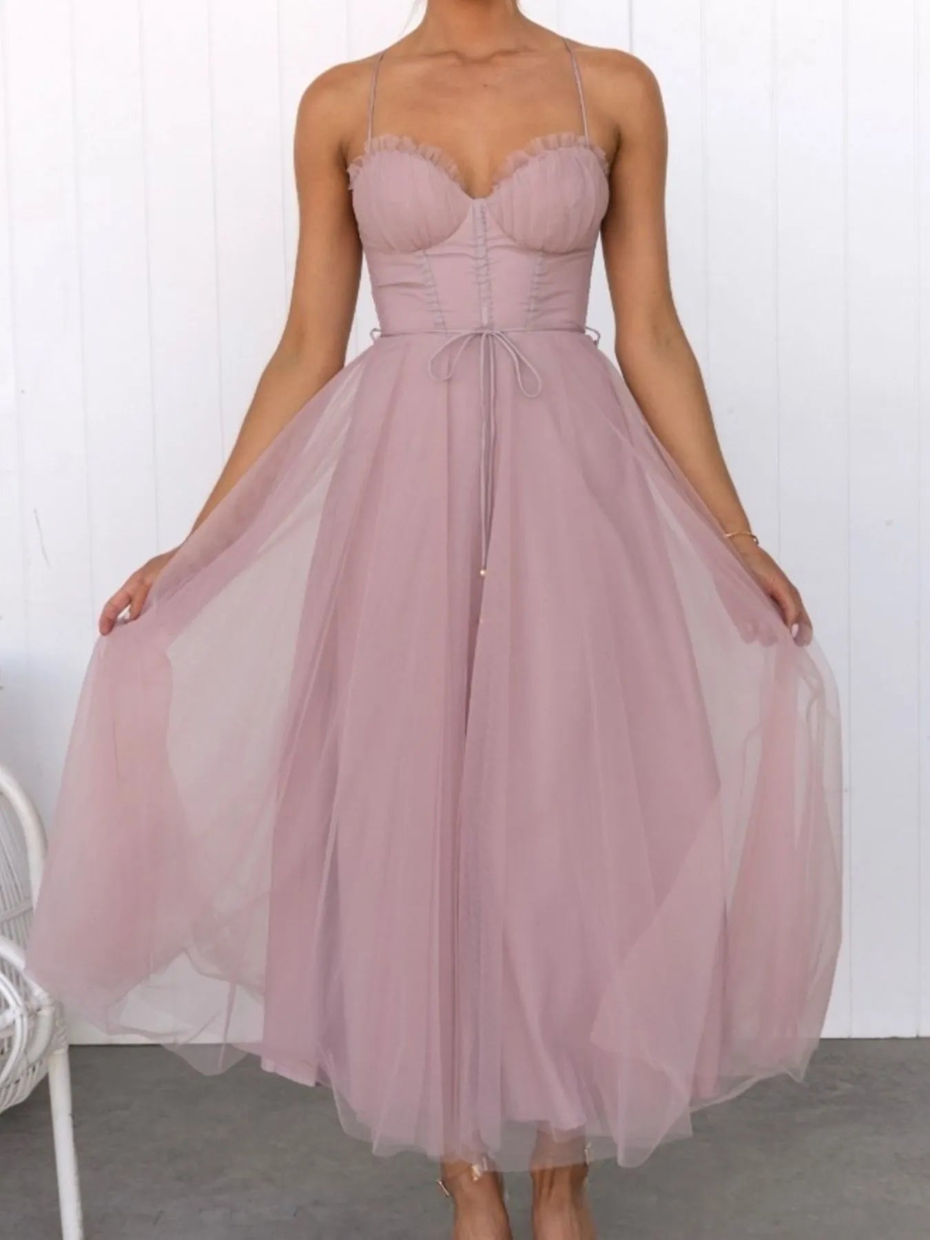 Sweetheart Neck Tulle Midi Dress - Romantic Evening Style - Jsandiclothing.com