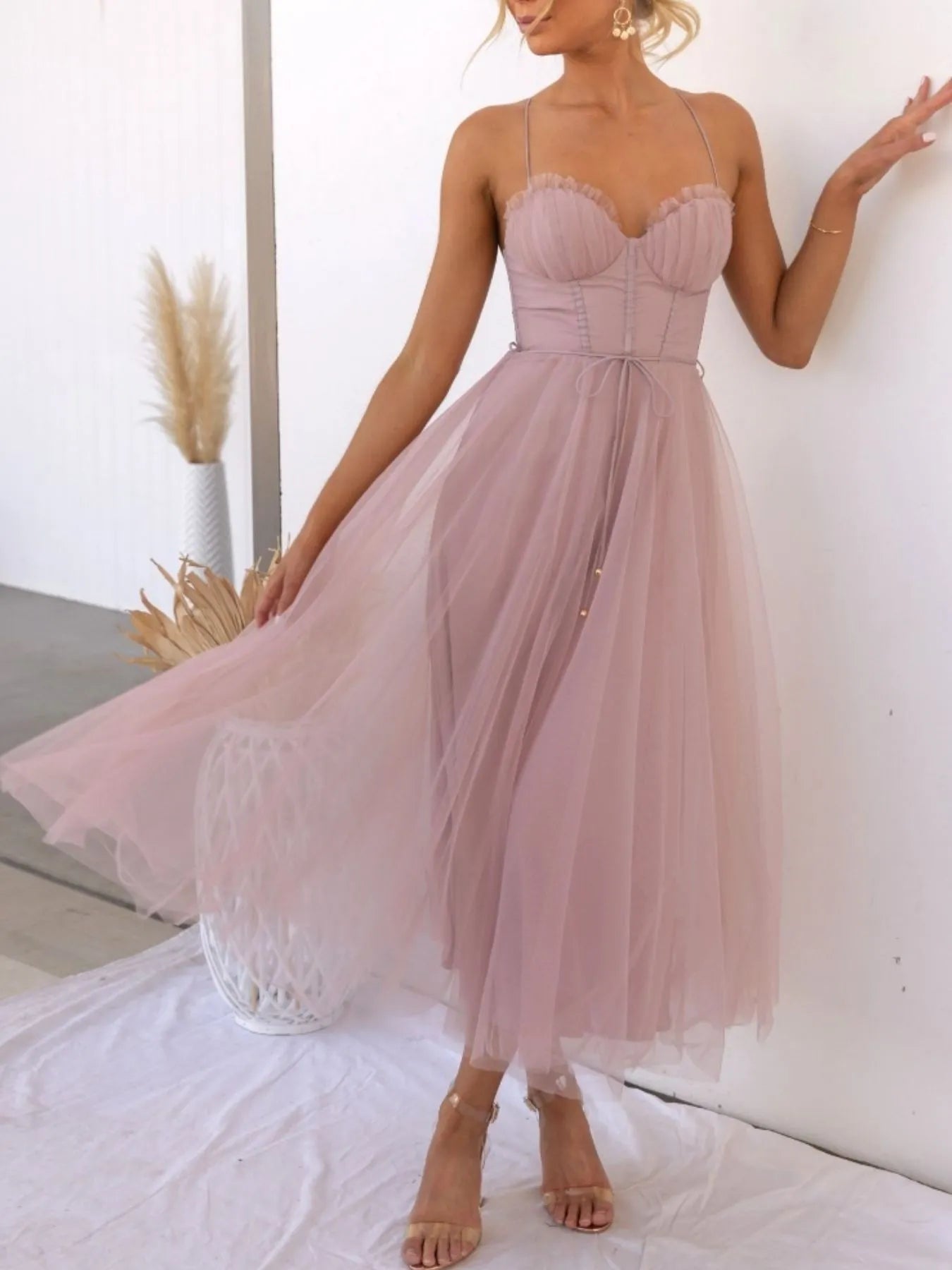 Sweetheart Neck Tulle Midi Dress - Romantic Evening Style - Jsandiclothing.com