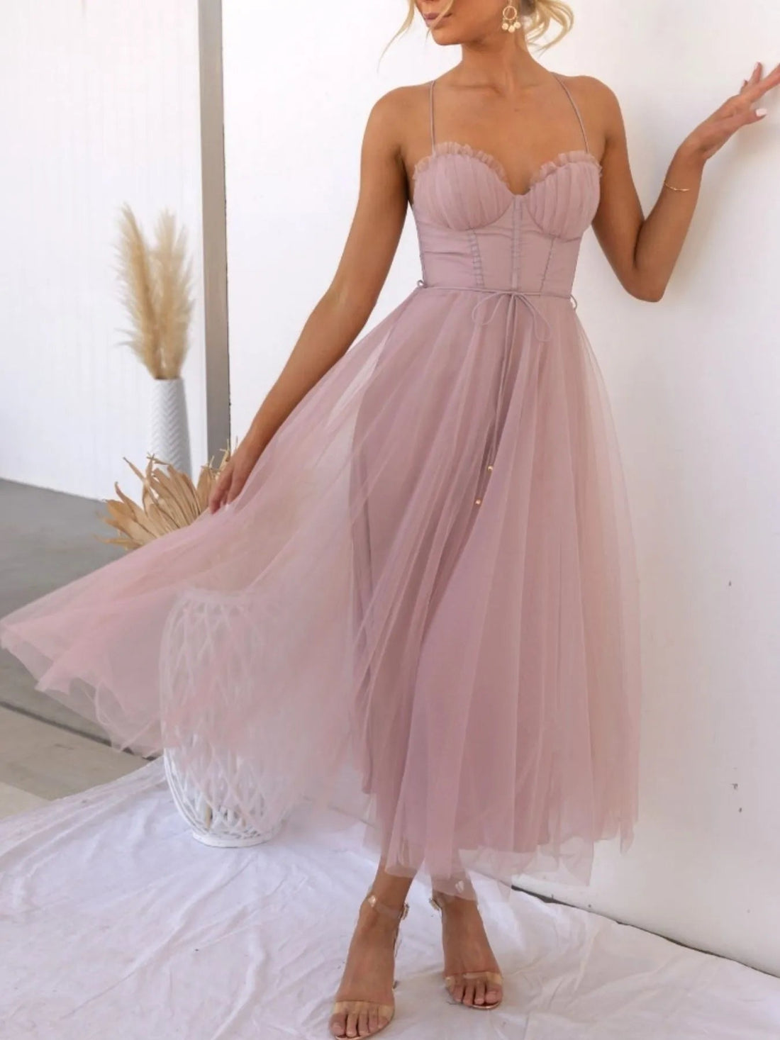 Sweetheart Neck Tulle Midi Dress - Romantic Evening Style - Jsandiclothing.com