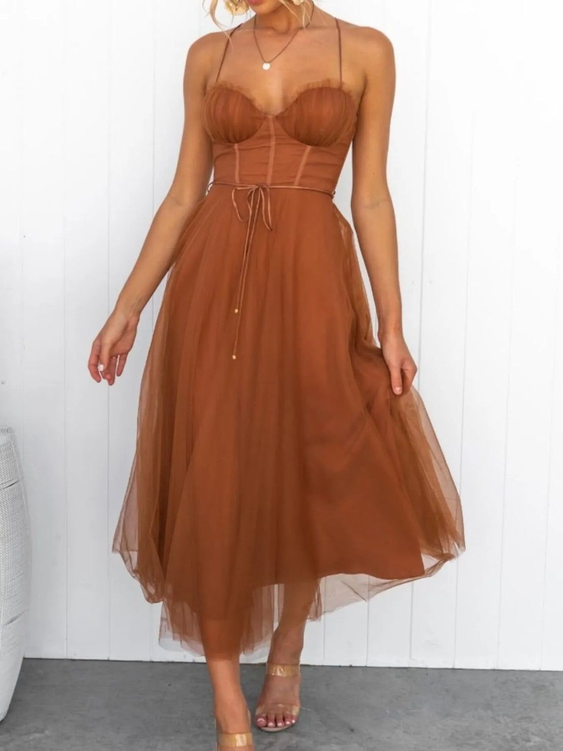 Sweetheart Neck Tulle Midi Dress - Romantic Evening Style - Jsandiclothing.com
