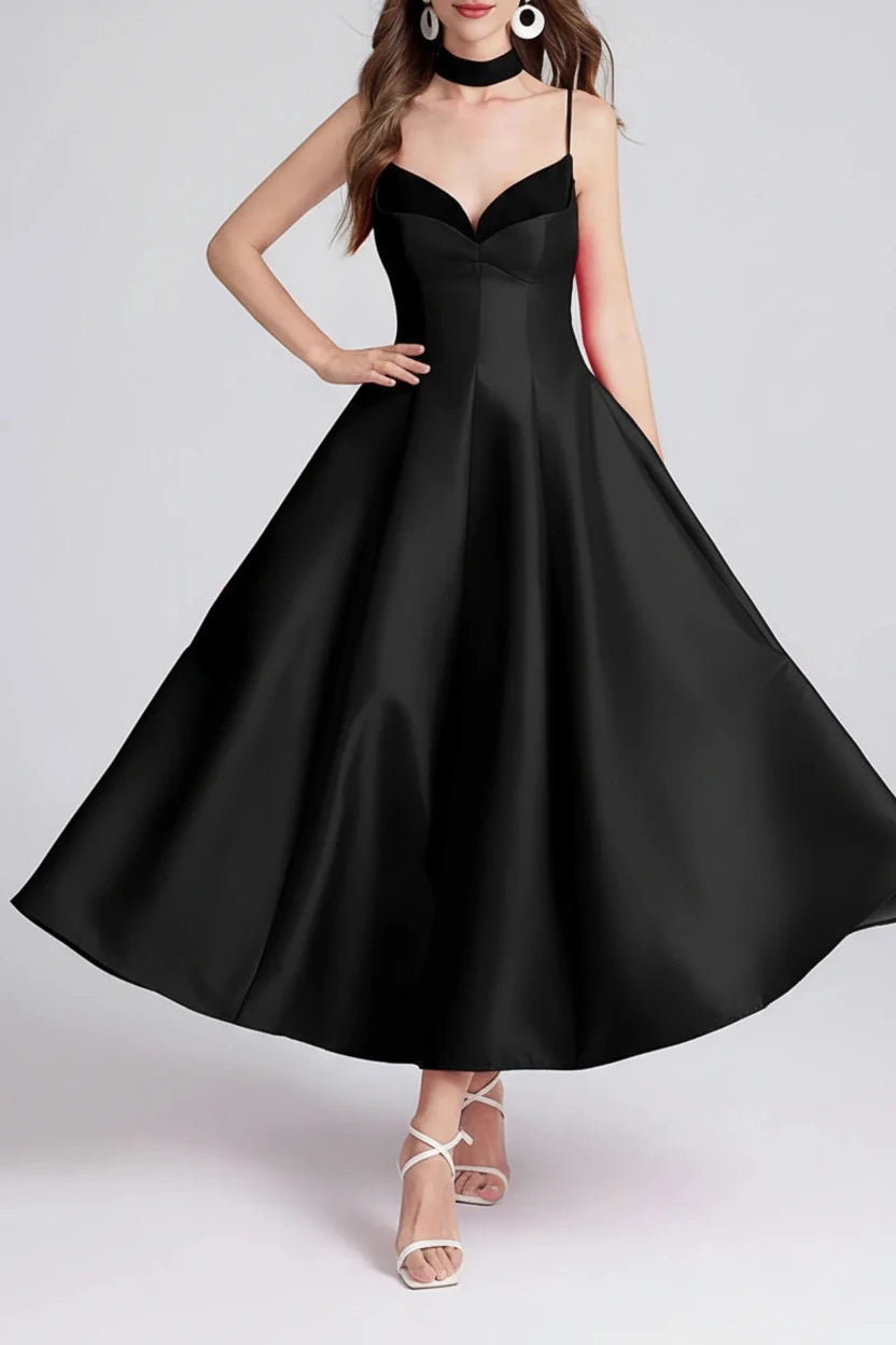 Sweetheart Spaghetti Strap Midi Dress with Collar - Jsandiclothing.com