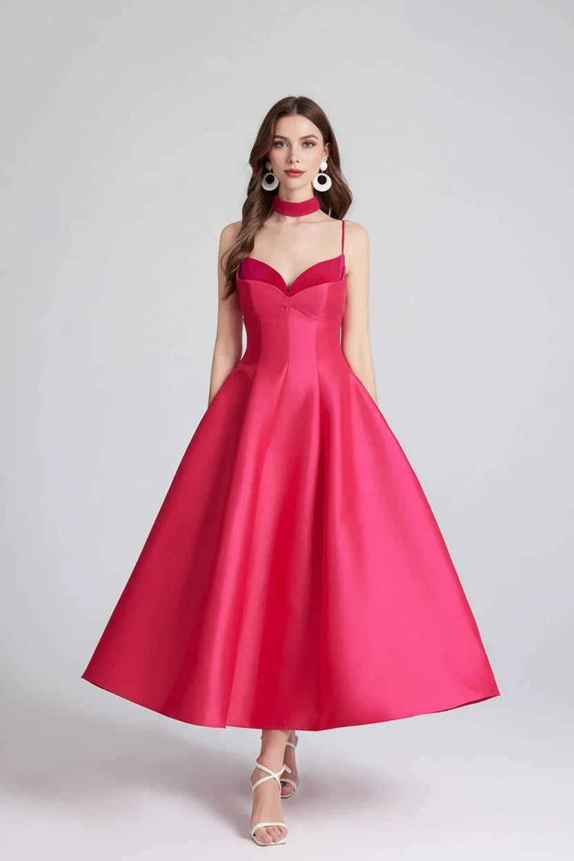 Sweetheart Spaghetti Strap Midi Dress with Collar - Jsandiclothing.com