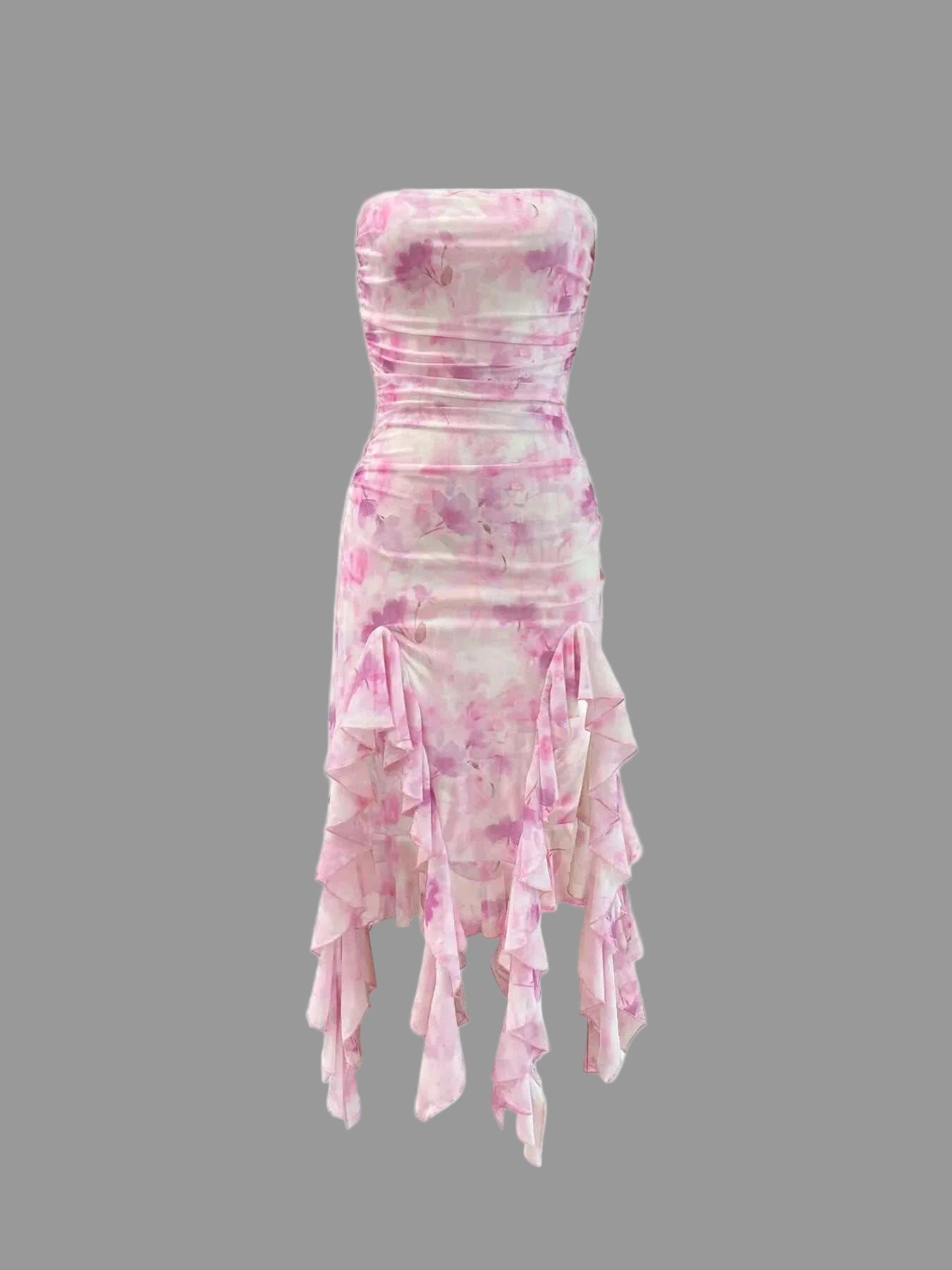 Tie - Dye Strapless Ruffle Hem Dress - Jsandiclothing.com