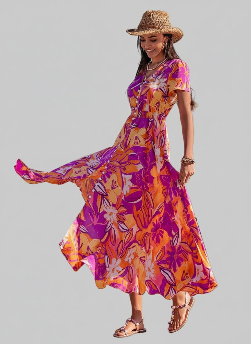 V - Neck Dress - Stylish Midi | Printed, Buttoned & Sleek Slit - Jsandiclothing.com