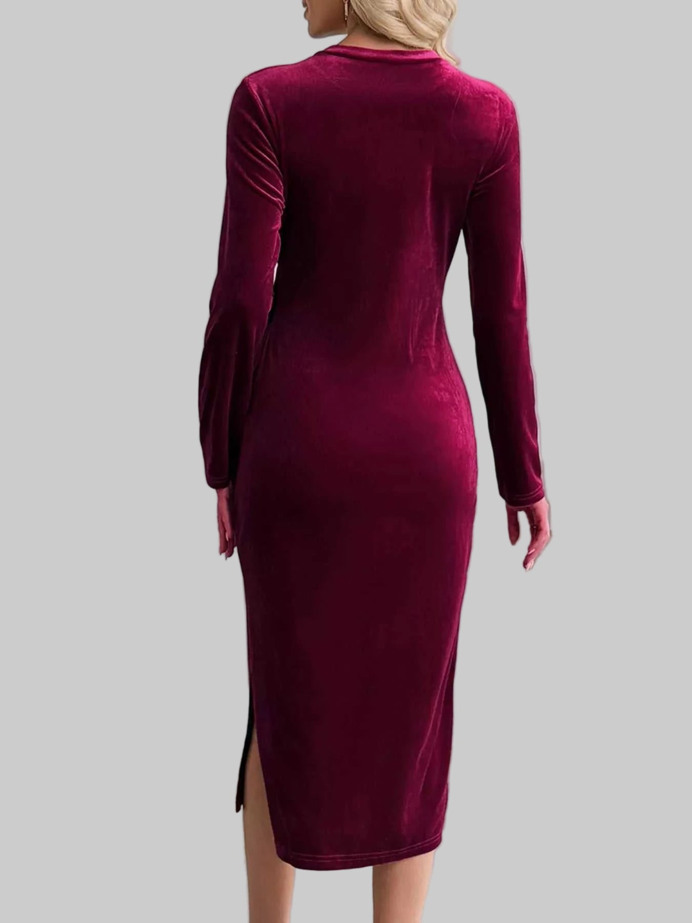 Velvet Dress Slit Round Neck Long Sleeve with Side Tie Detail| JSandi - Jsandiclothing.com