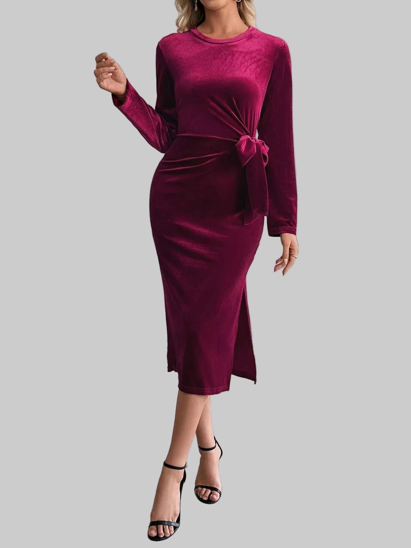 Velvet Dress Slit Round Neck Long Sleeve with Side Tie Detail| JSandi - Jsandiclothing.com