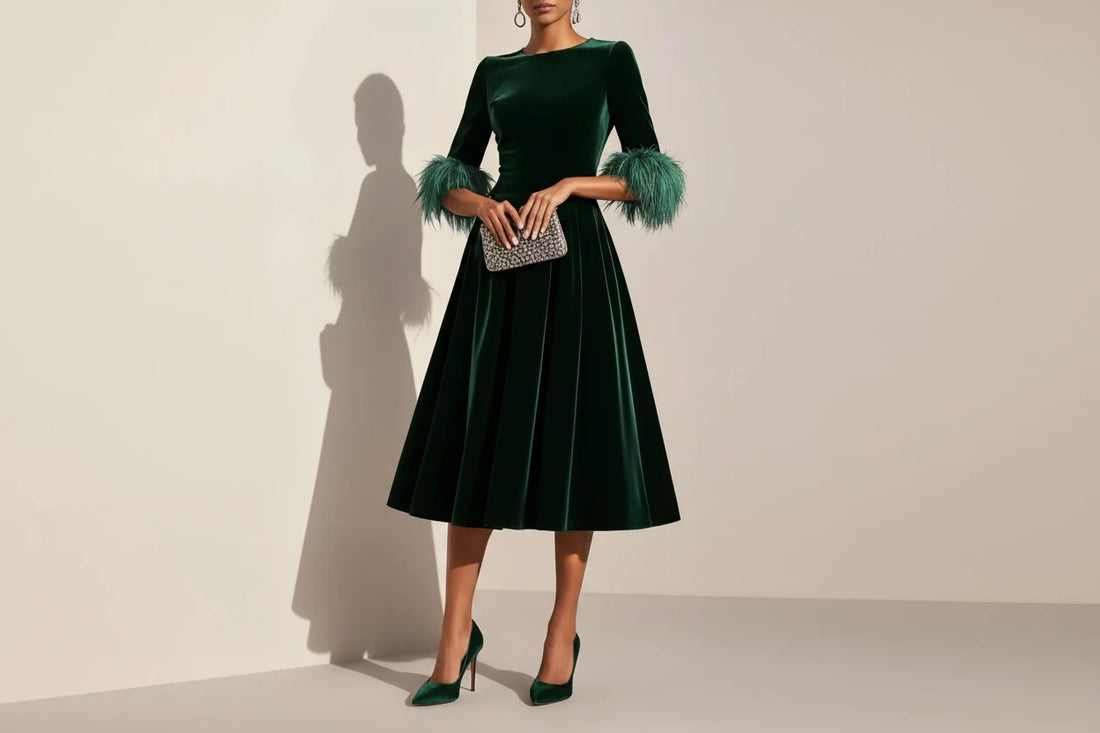Velvet Midi Dress with Feather Cuffs - Luxe Evening Wear - Jsandiclothing.com