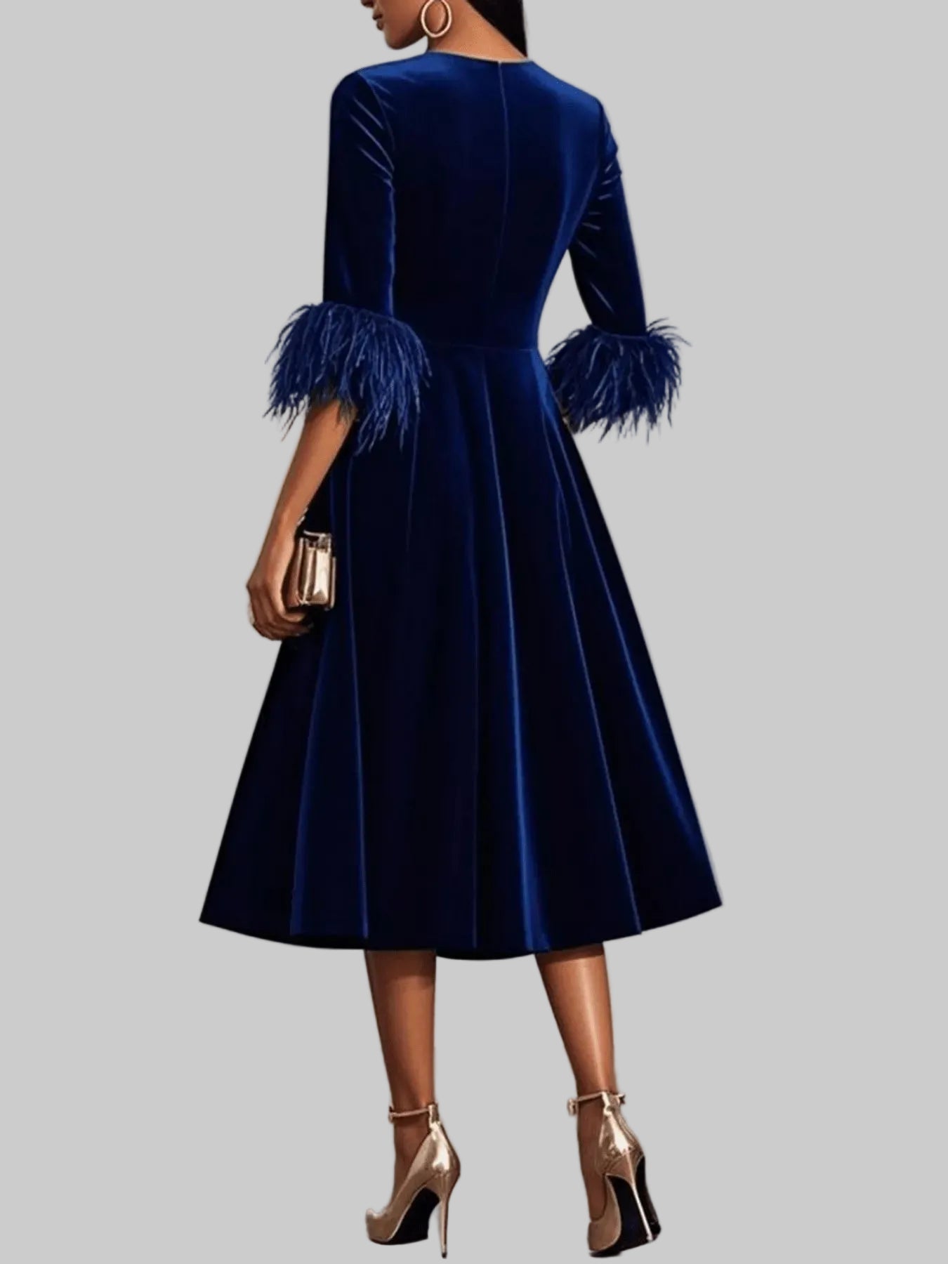 Velvet Midi Dress with Feather Cuffs - Luxe Evening Wear - Jsandiclothing.com