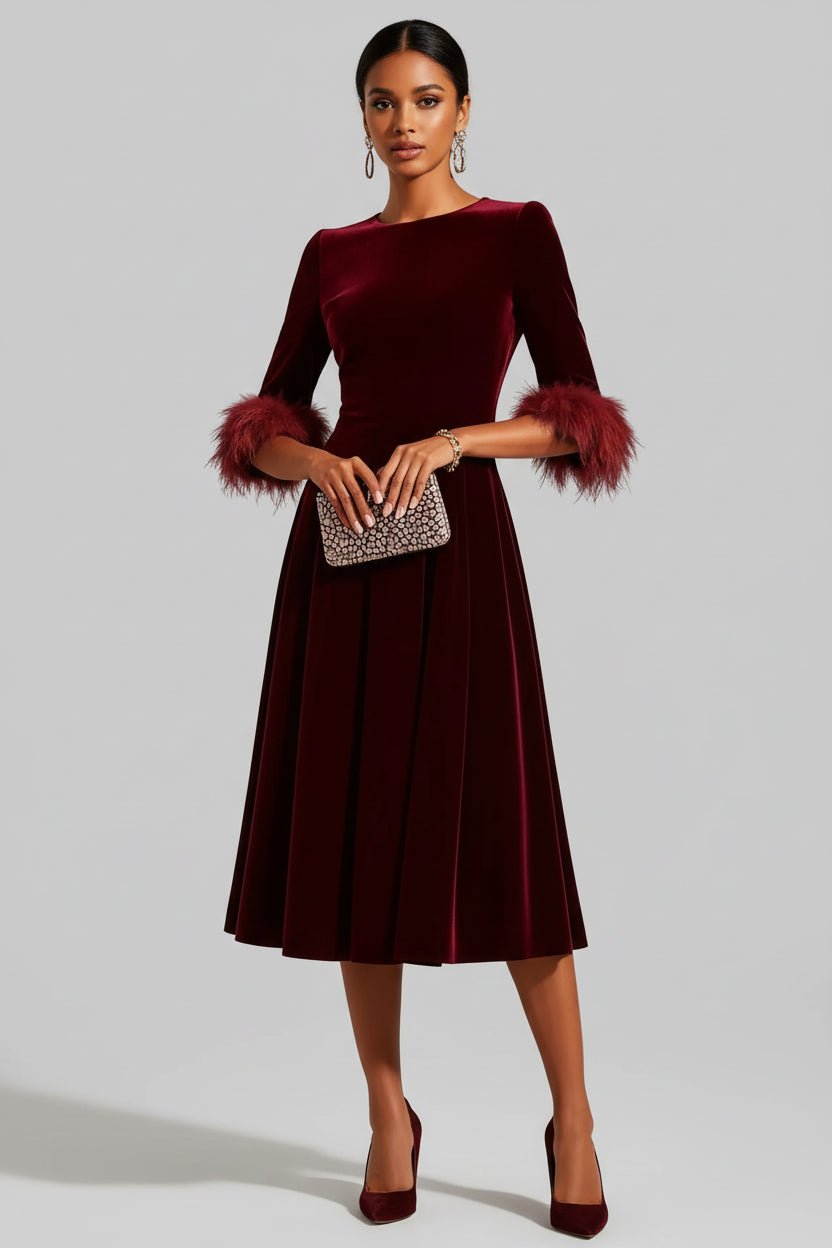 Velvet Midi Dress with Feather Cuffs Wine Red / L Velvet Midi Dress with Feather Cuffs Wine Red / L