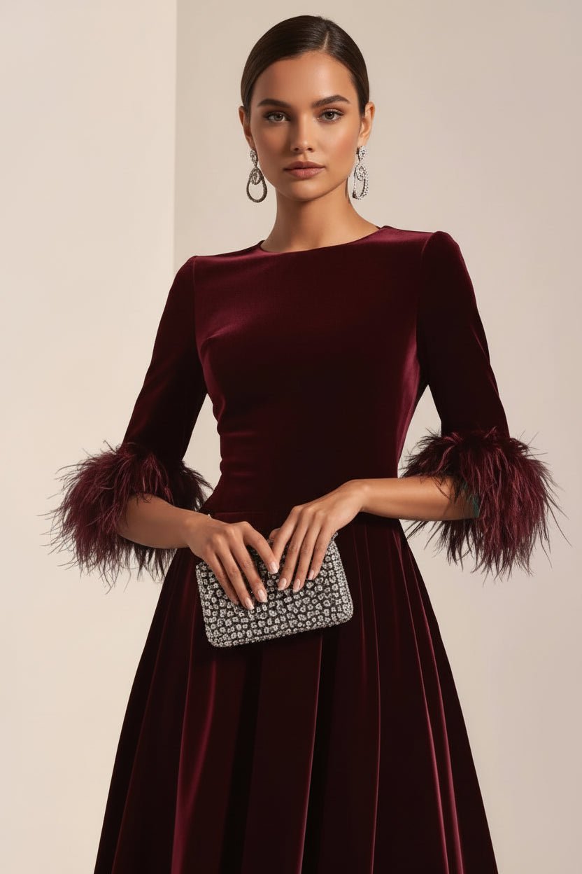 Velvet Midi Dress with Feather Cuffs - Luxe Evening Wear - Jsandiclothing.com