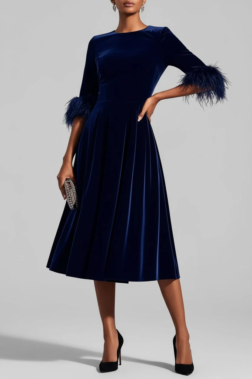 Velvet Midi Dress with Feather Cuffs - Luxe Evening Wear - Jsandiclothing.com
