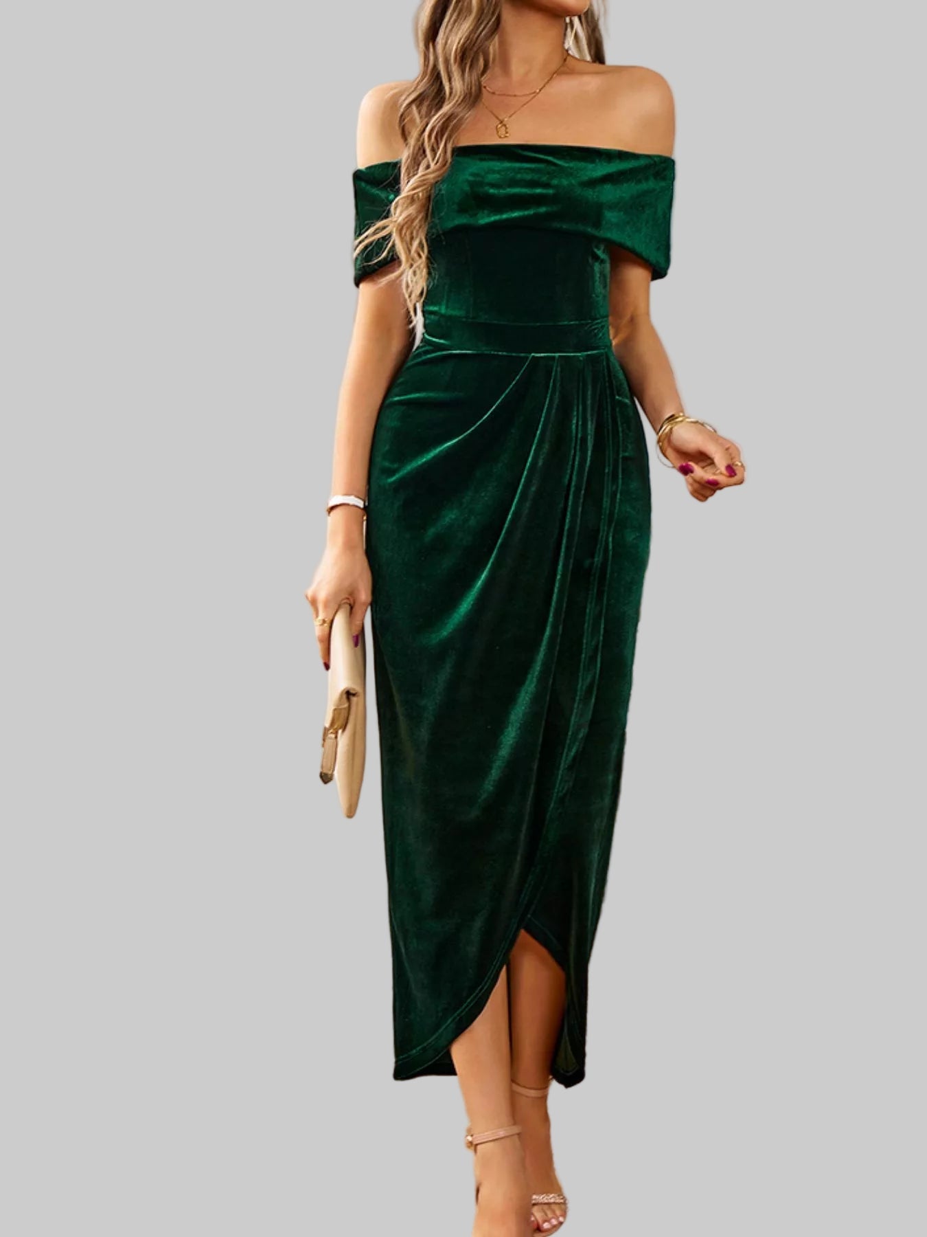 Velvet Off - Shoulder Ruched Midi Dress - Luxe Elegance and Comfort - Jsandiclothing.com