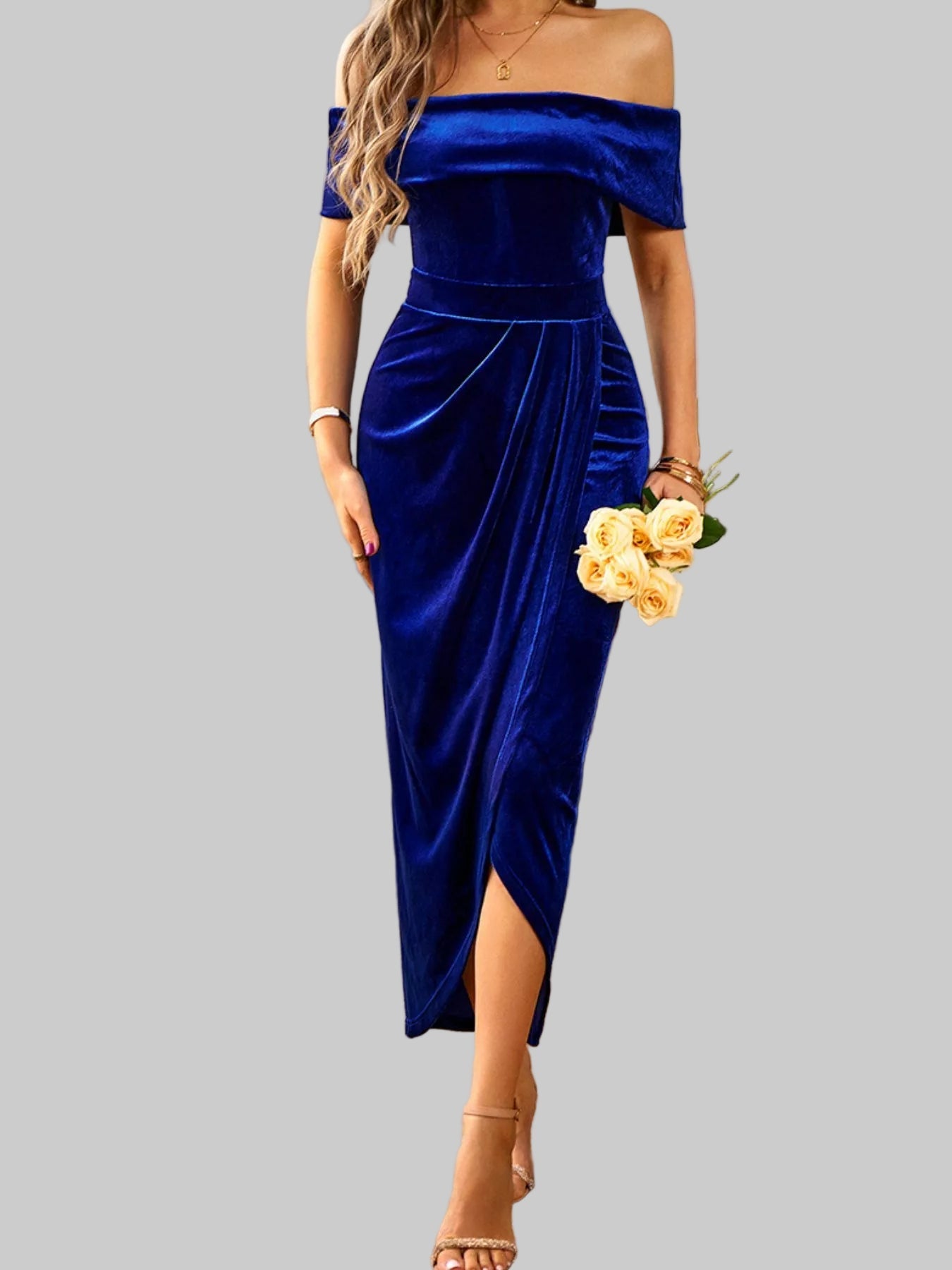 Velvet Off - Shoulder Ruched Midi Dress - Luxe Elegance and Comfort - Jsandiclothing.com