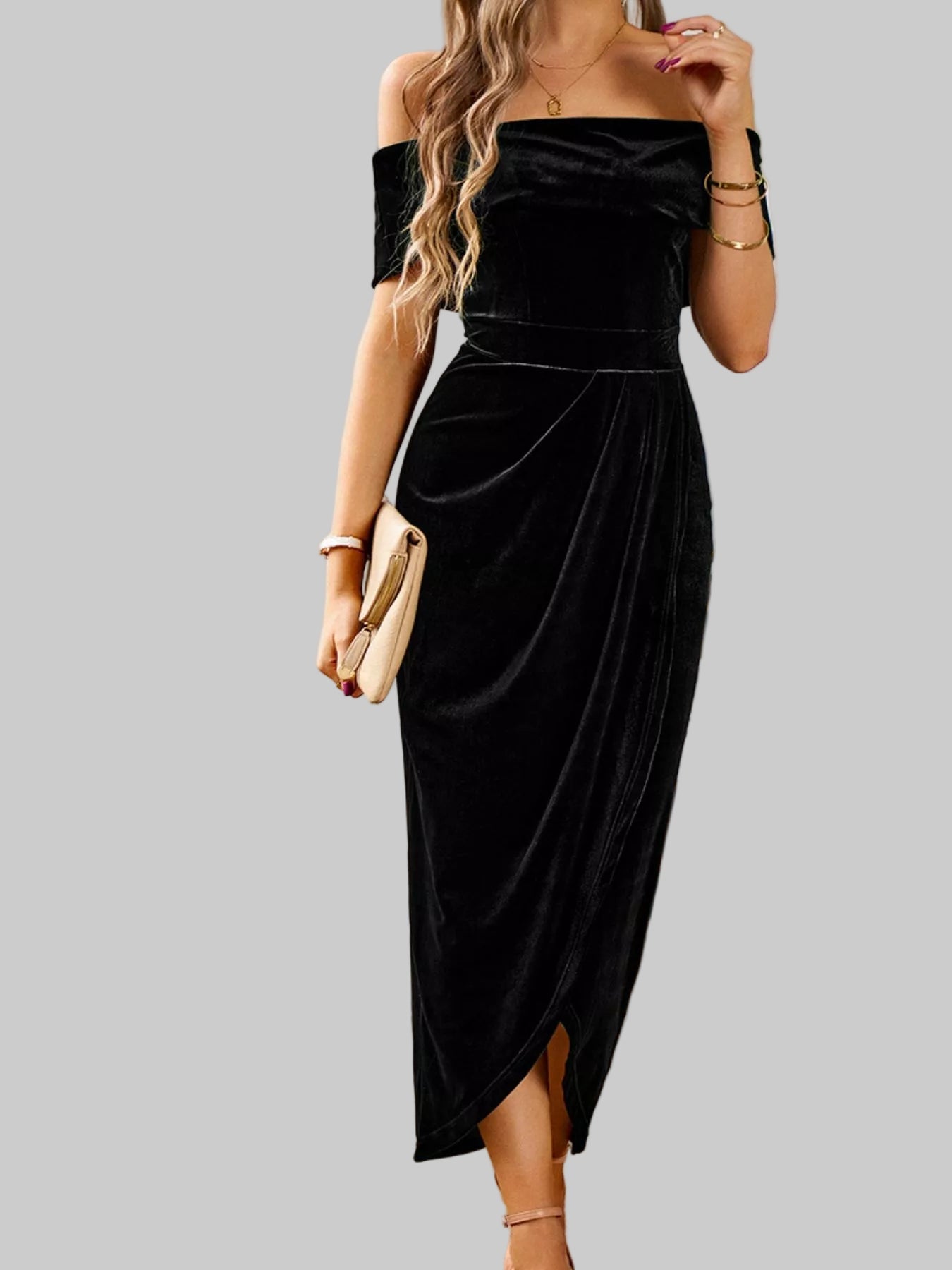 Velvet Off - Shoulder Ruched Midi Dress - Luxe Elegance and Comfort - Jsandiclothing.com