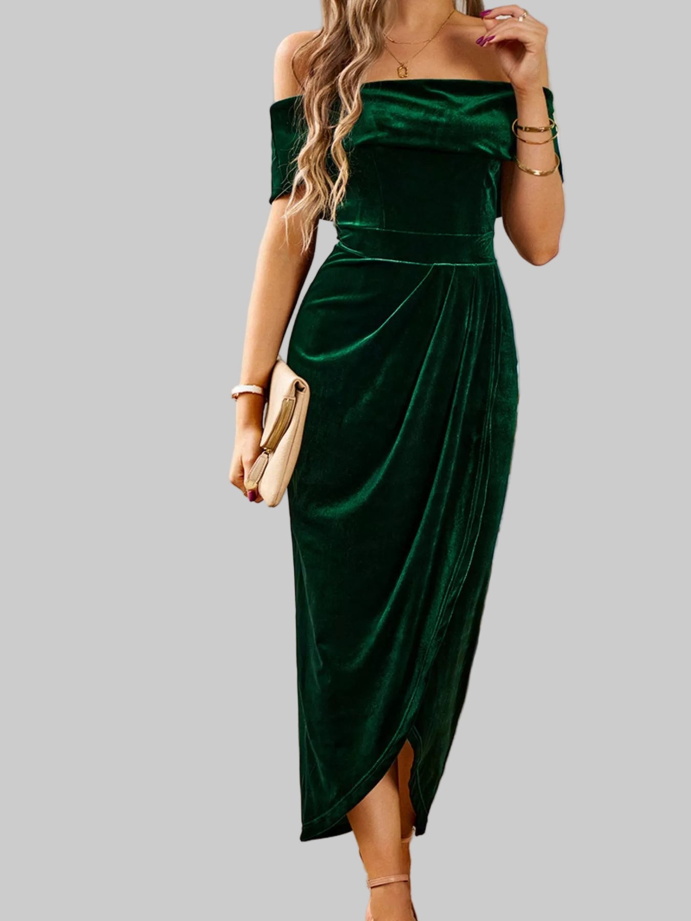 Velvet Off - Shoulder Ruched Midi Dress - Luxe Elegance and Comfort - Jsandiclothing.com