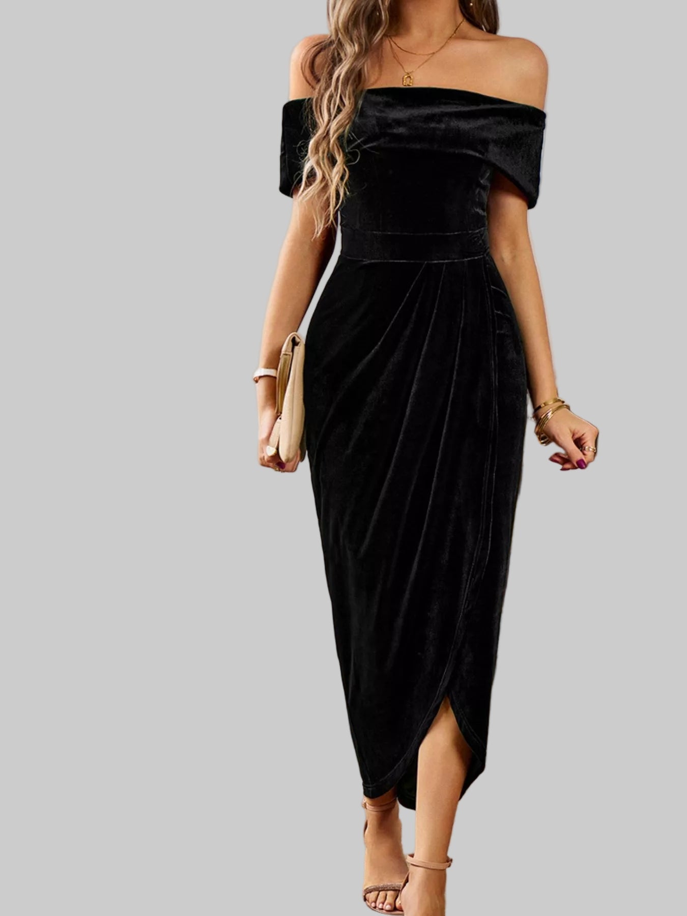 Velvet Off - Shoulder Ruched Midi Dress - Luxe Elegance and Comfort - Jsandiclothing.com