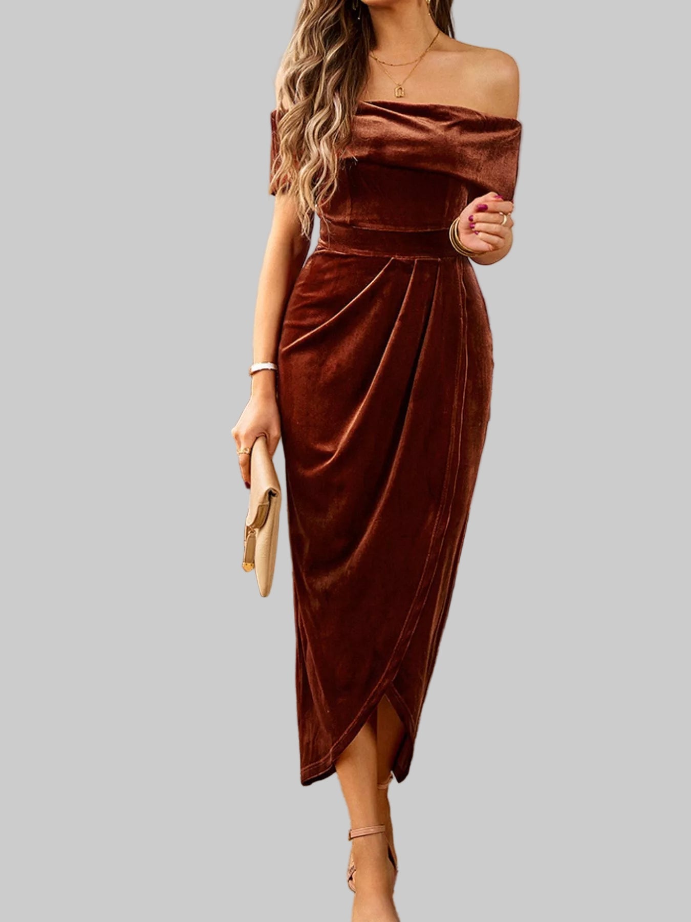 Velvet Off - Shoulder Ruched Midi Dress - Luxe Elegance and Comfort - Jsandiclothing.com