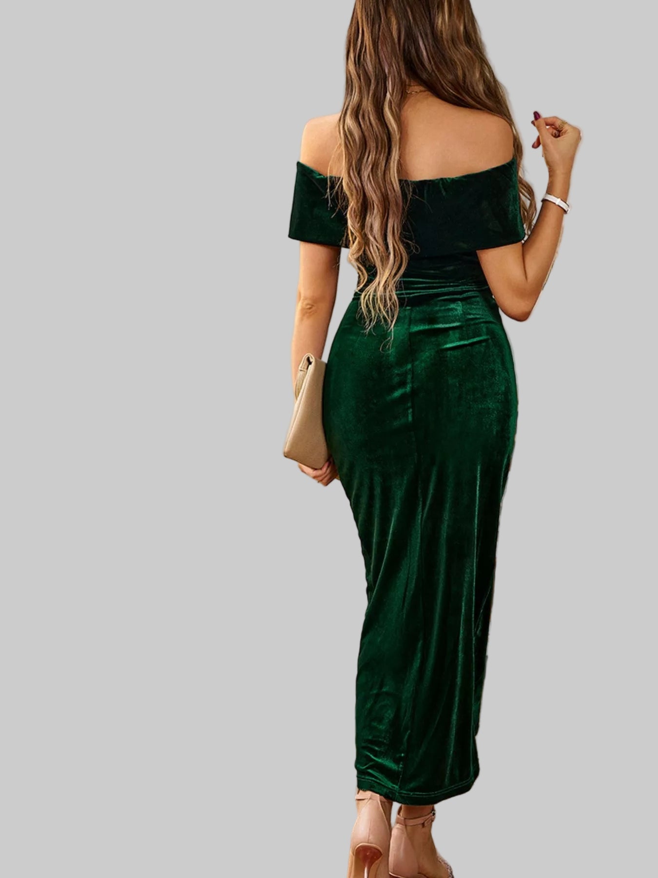 Velvet Off - Shoulder Ruched Midi Dress - Luxe Elegance and Comfort - Jsandiclothing.com