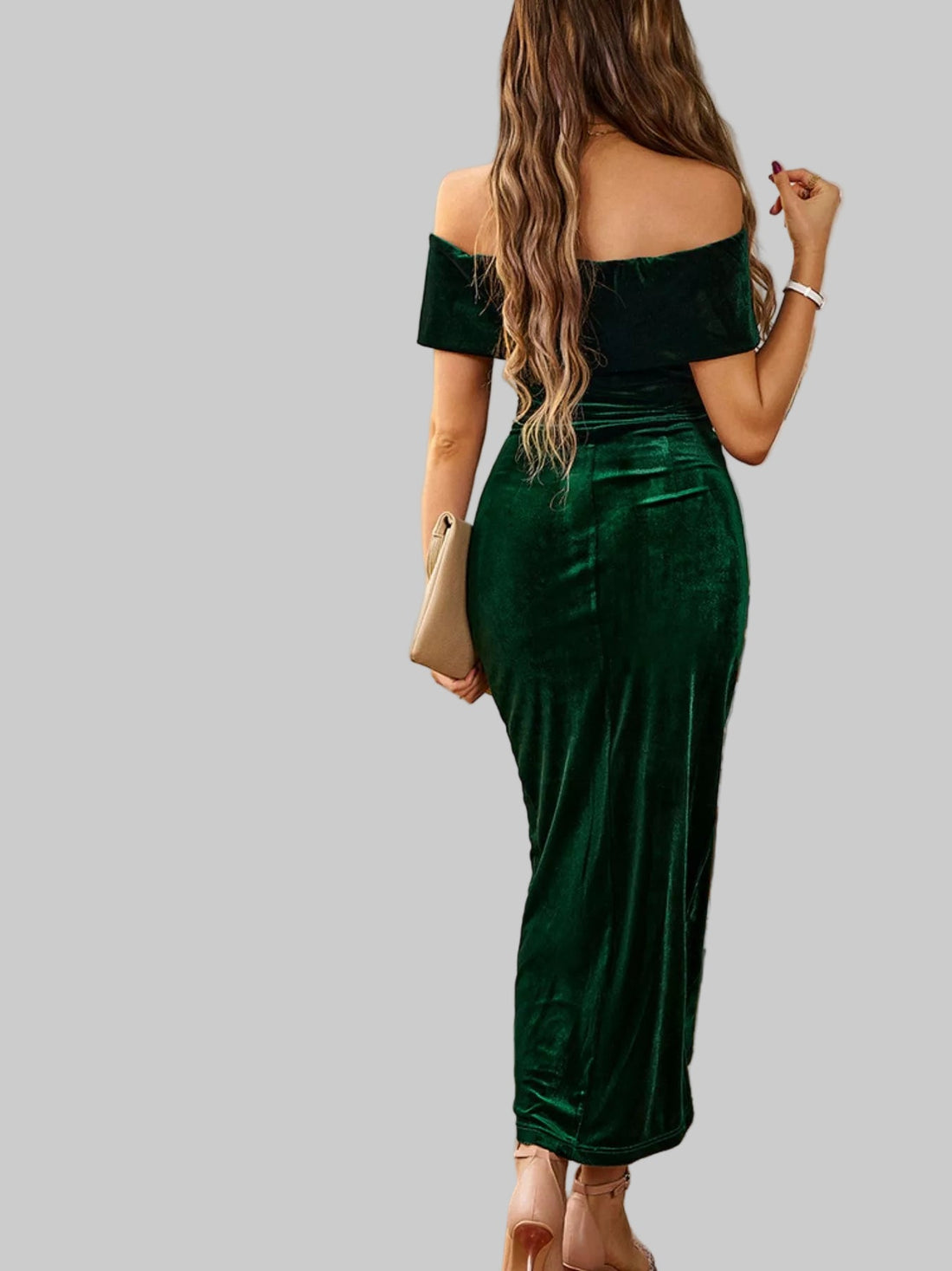 Velvet Off - Shoulder Ruched Midi Dress - Luxe Elegance and Comfort - Jsandiclothing.com