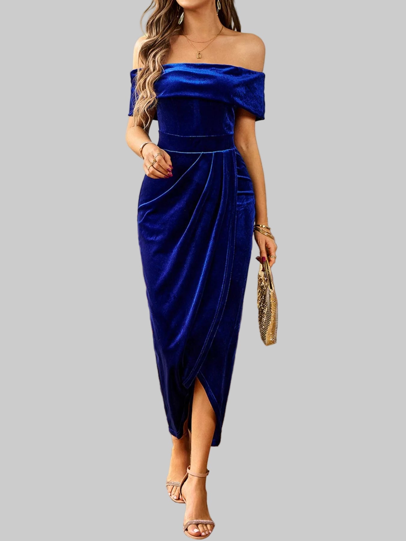 Velvet Off - Shoulder Ruched Midi Dress - Luxe Elegance and Comfort - Jsandiclothing.com