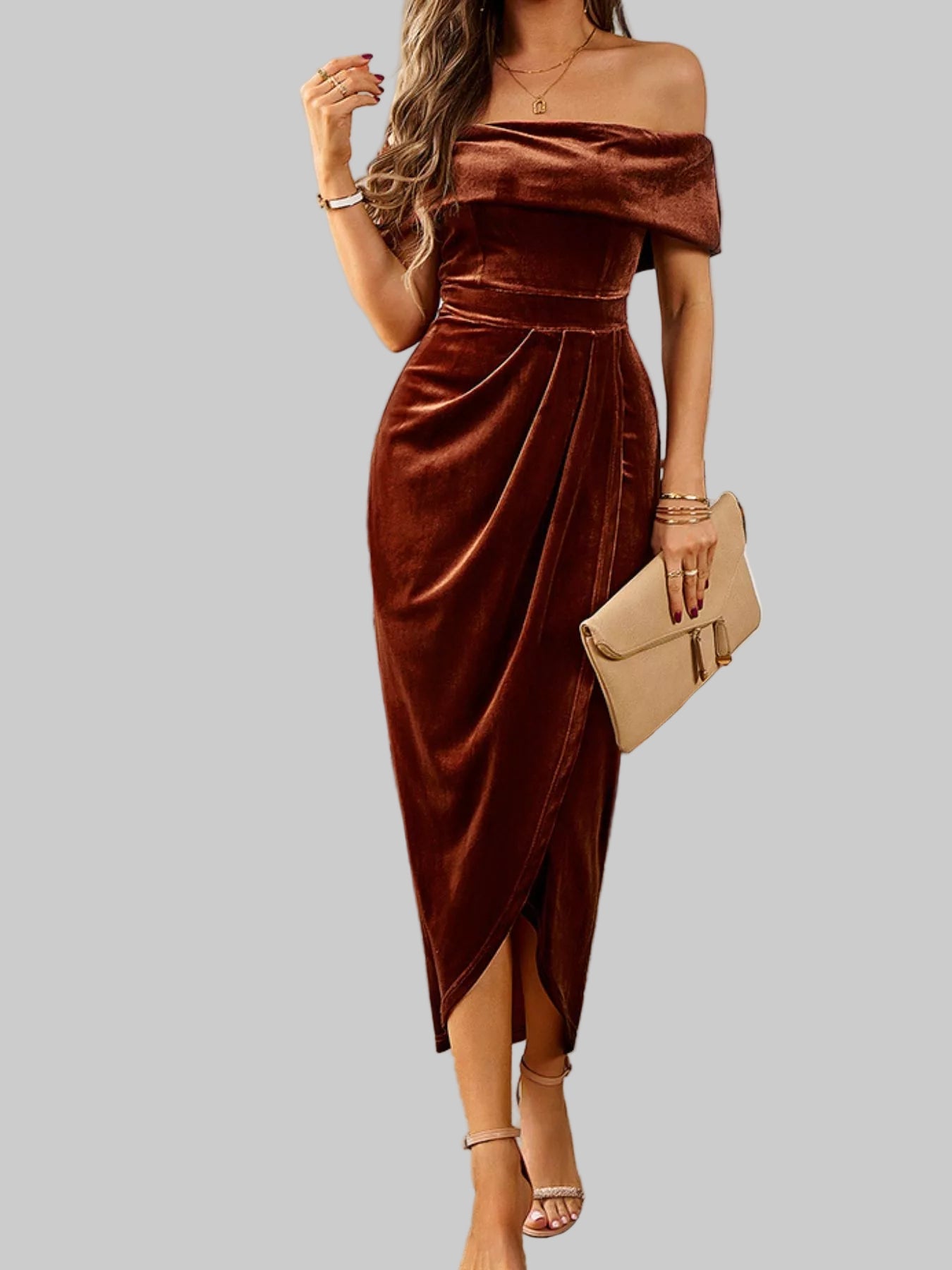 Velvet Off - Shoulder Ruched Midi Dress - Luxe Elegance and Comfort - Jsandiclothing.com