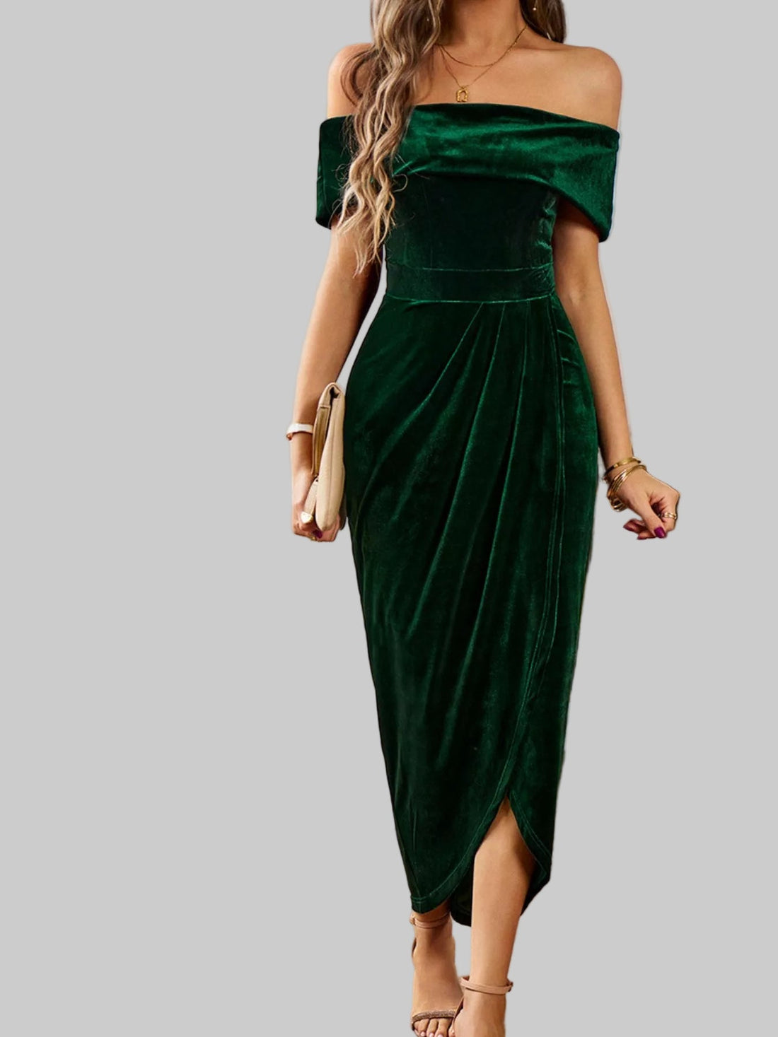 Velvet Off - Shoulder Ruched Midi Dress - Luxe Elegance and Comfort - Jsandiclothing.com