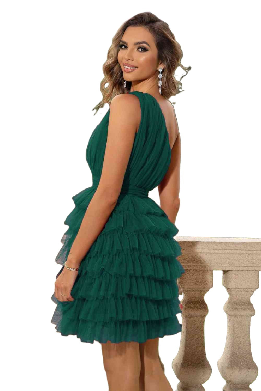 Samantha Stylish One-Shoulder Mesh Overlay Dress with Chic Ruffle Trim