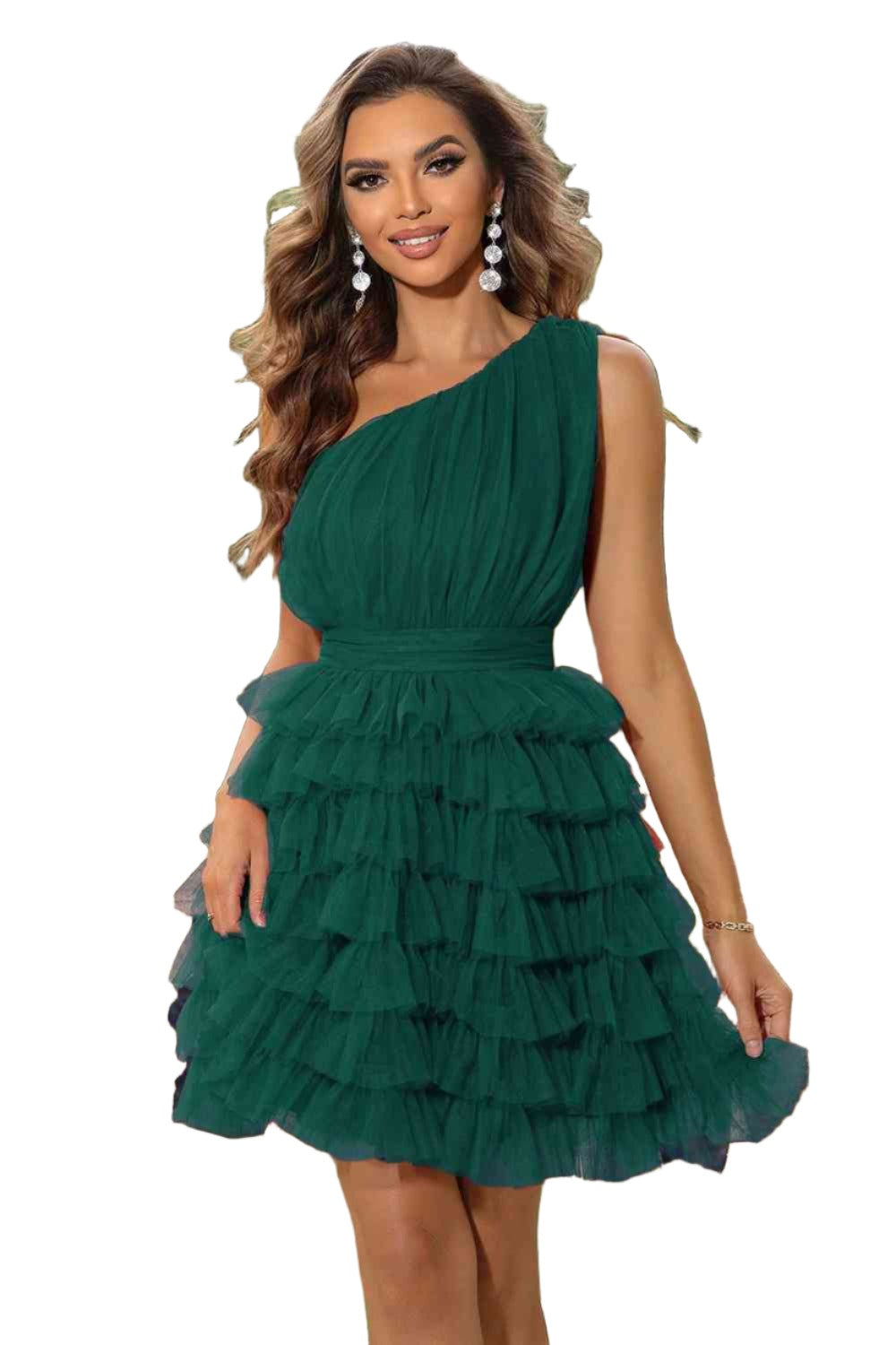 Samantha Stylish One-Shoulder Mesh Overlay Dress with Chic Ruffle Trim